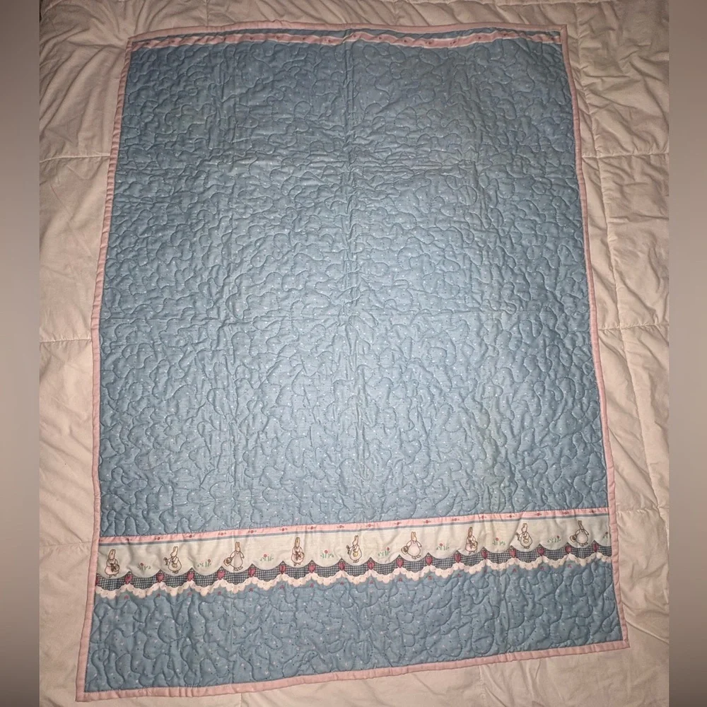 Adorable Pink and Baby Blue Quilted Bunny Trim Baby Blanket